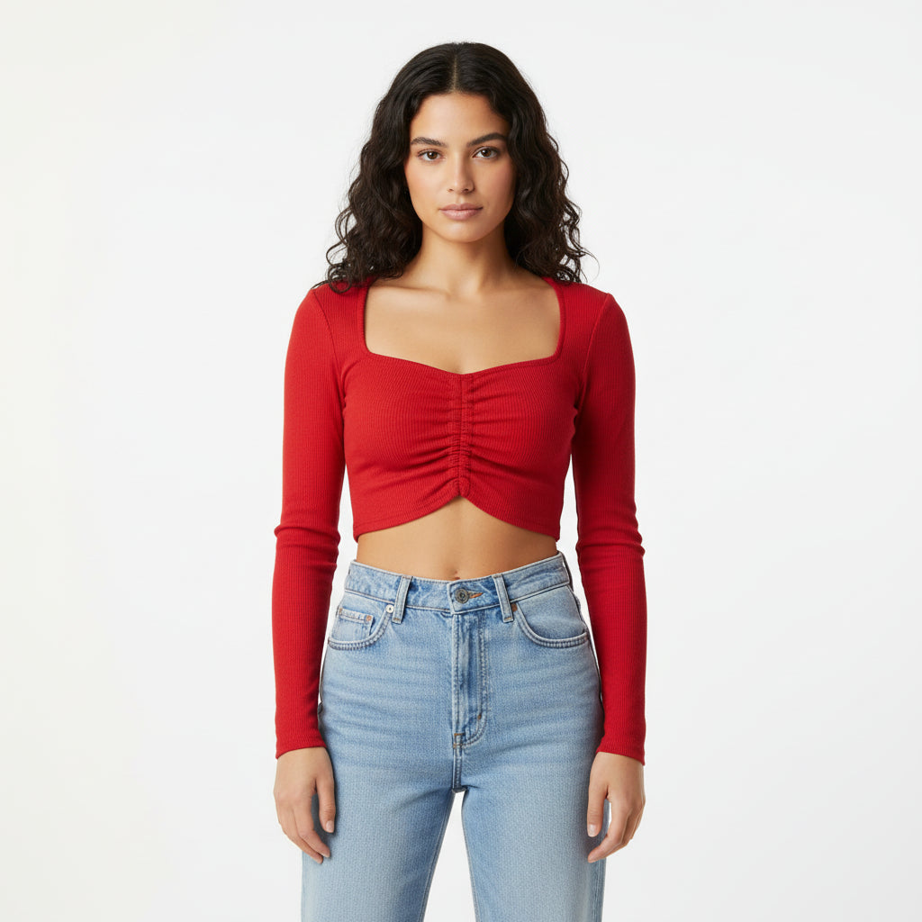Women's long sleeve crop top ruched front sweetheart neckline adjustable drawstring trendy style