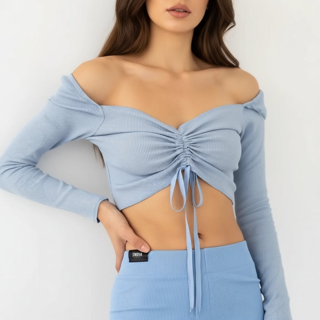 Women's long sleeve crop top ruched front drawstring sweetheart neckline fitted stretch casual trendy