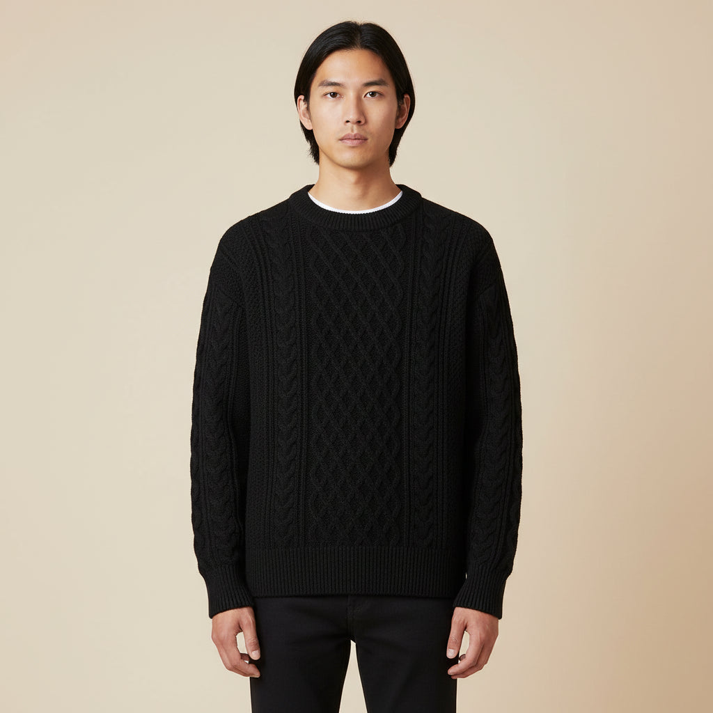 Men's cable knit crewneck sweater relaxed fit with ribbed details classic textured everyday essential