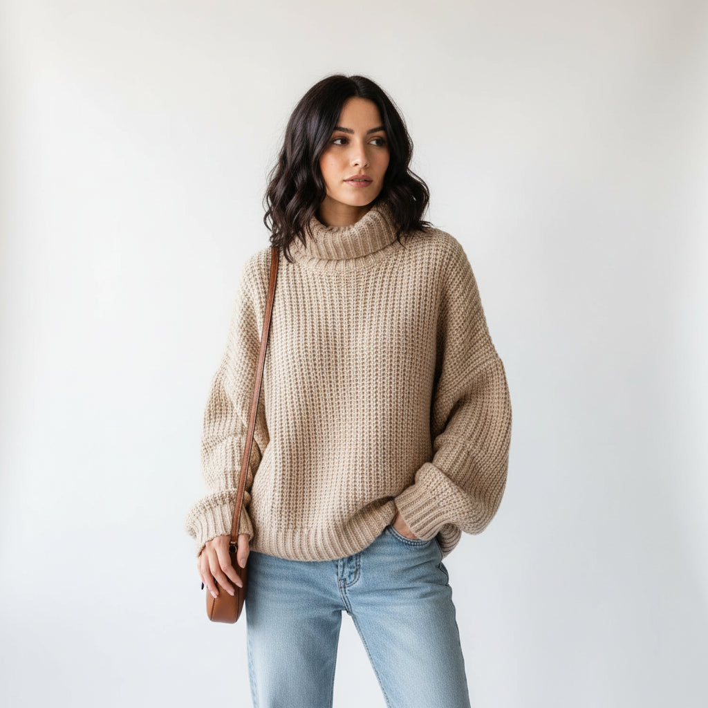 Women's oversized chunky knit sweater in neutral tone, relaxed silhouette with thick textured fabric