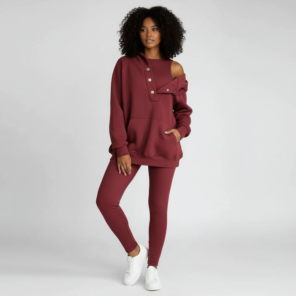 Women's gray hooded sweatshirt legging set with button detail and kangaroo pocket cozy loungewear