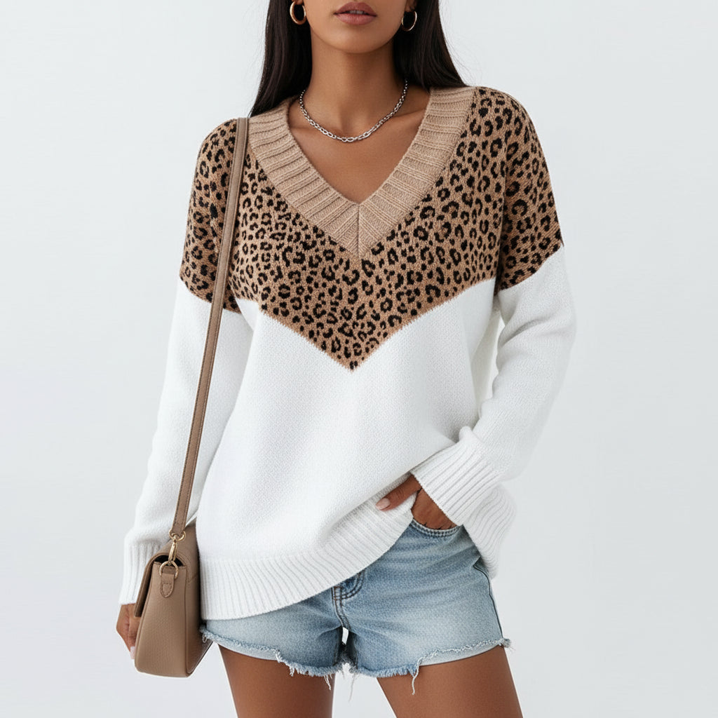 Women's color block V-neck sweater relaxed fit chevron ribbed trim knit pullover multi-tone