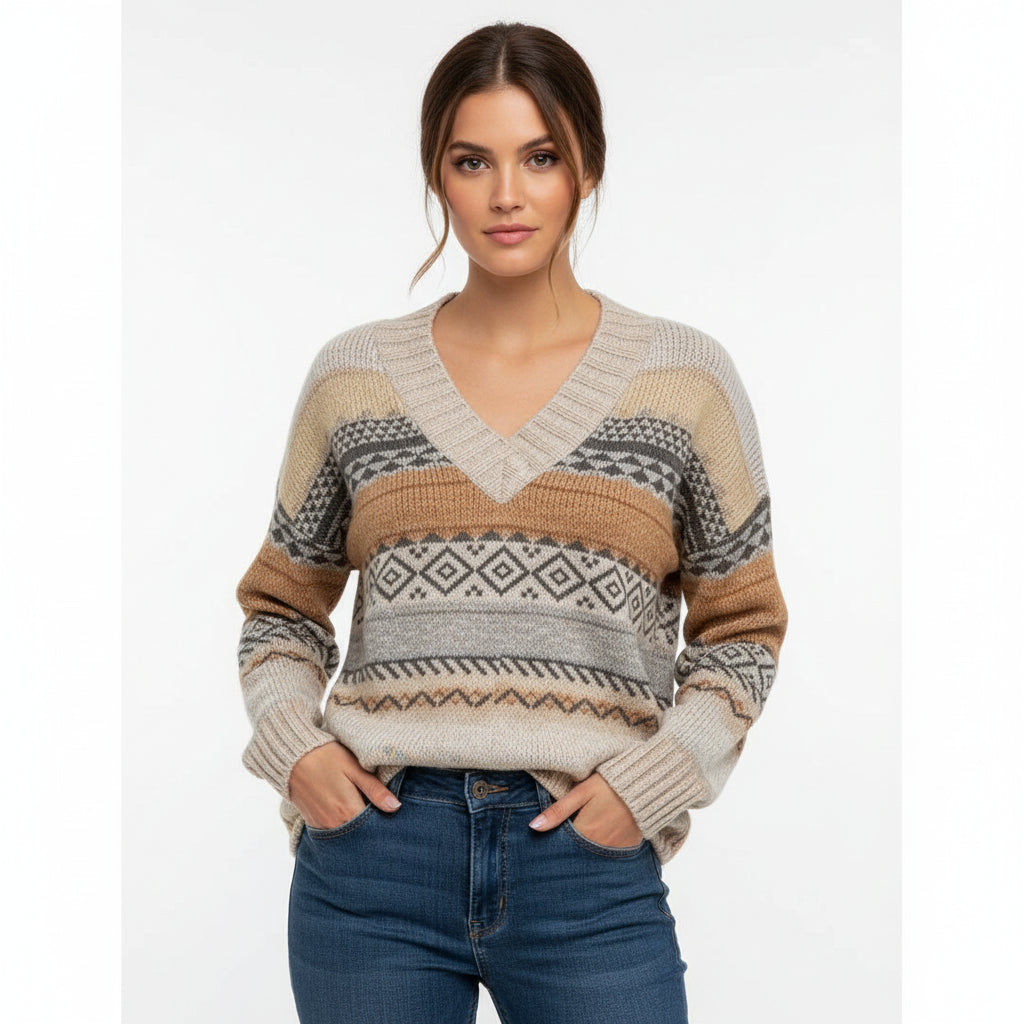 Women's relaxed fit color block V-neck sweater with chevron ribbed trim in multicolor knit