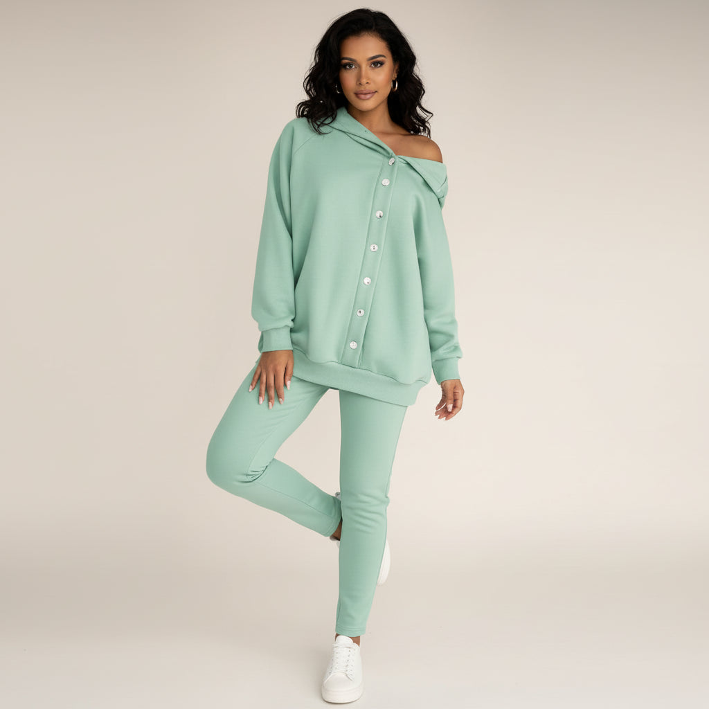 Women's gray hooded sweatshirt leggings set with button detail and kangaroo pocket cozy loungewear