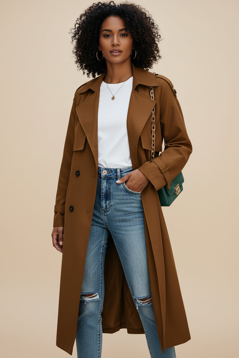 Women's double-breasted long trench coat timeless polished silhouette effortless all-day comfort