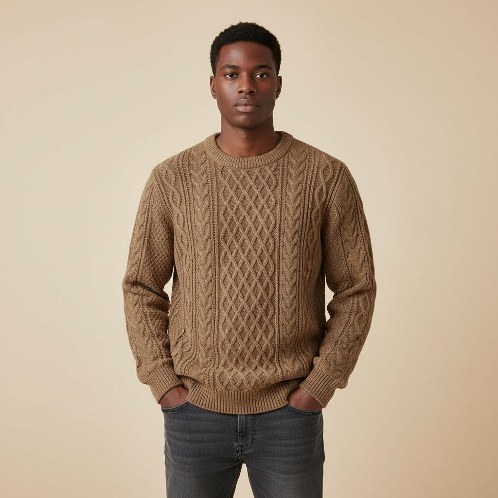Men's beige cable knit crewneck sweater relaxed fit with ribbed texture detailing