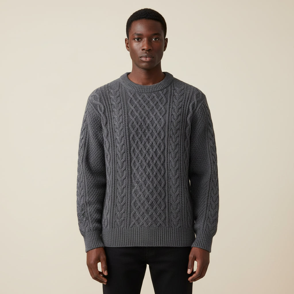 Men's beige cable knit crewneck sweater relaxed fit with ribbed details everyday essential