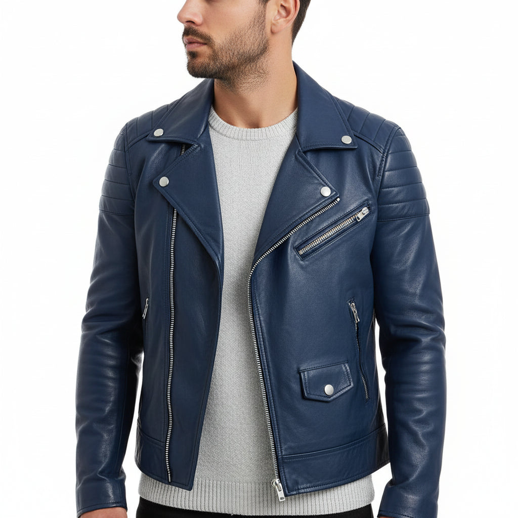 Men's black leather biker jacket asymmetrical zip quilted shoulders slim modern fit