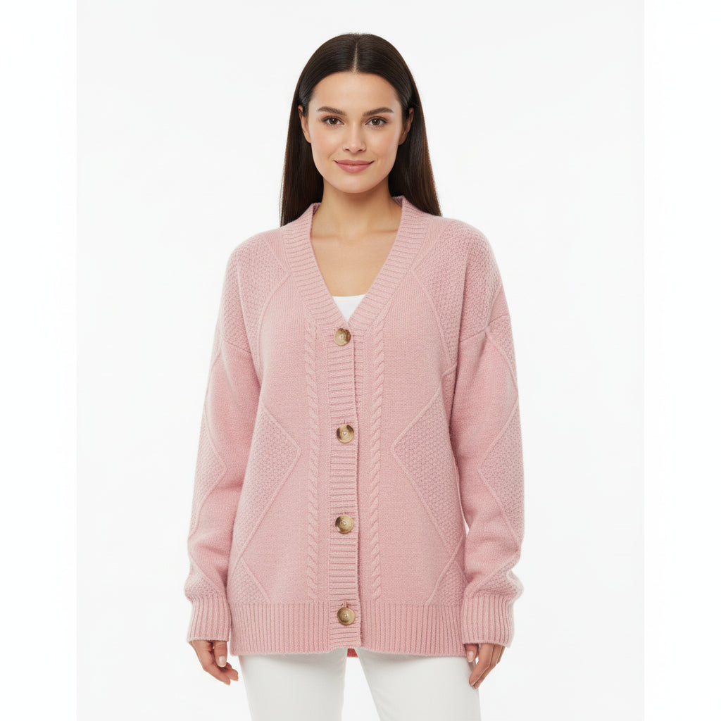 Women cable knit cardigan V-neck button-front cozy layering essential in classic neutral tone