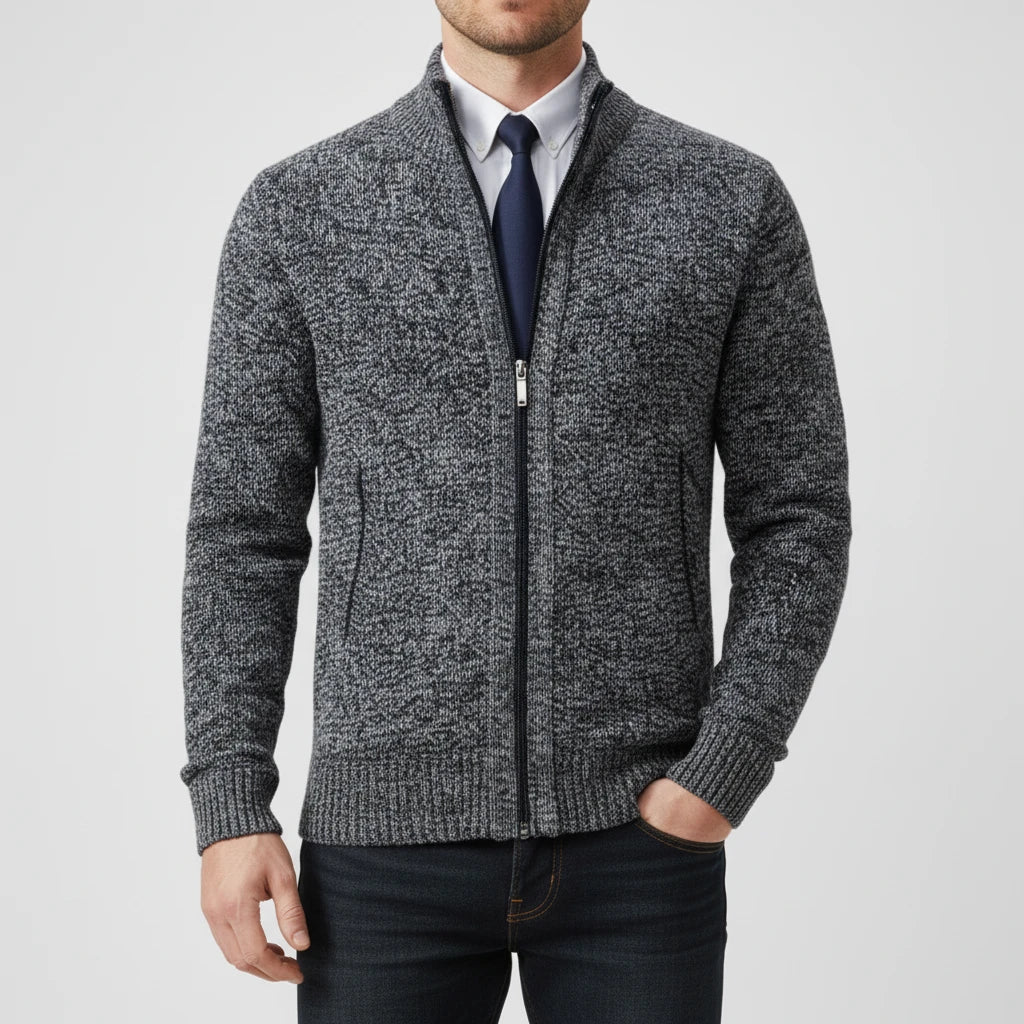 Men's zip-up sweater with stand collar in classic tones, slim fit, ideal for office and weekend layering