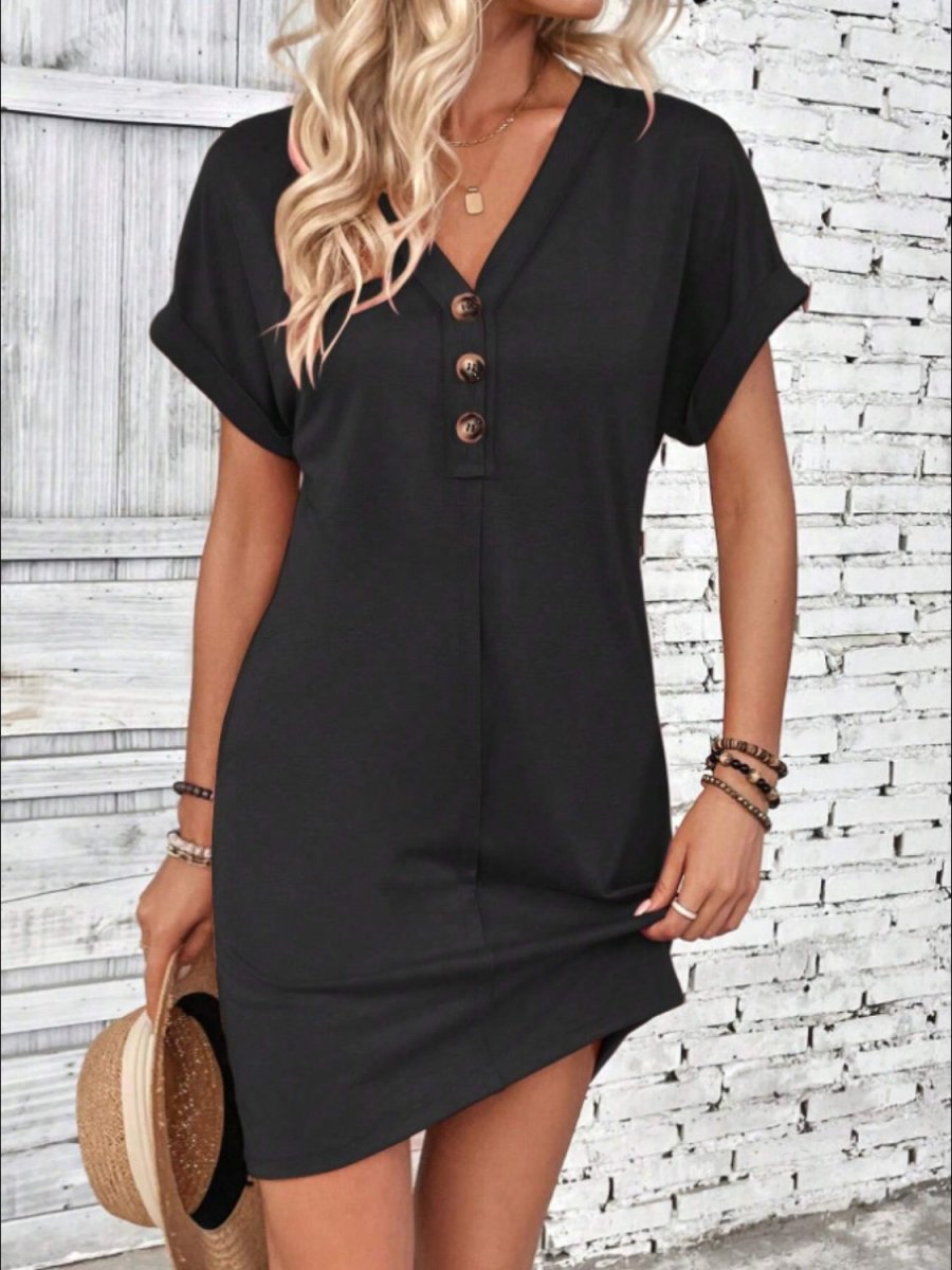 Women's quarter-button V-neck short sleeve dress with adjustable neckline, modern versatile style