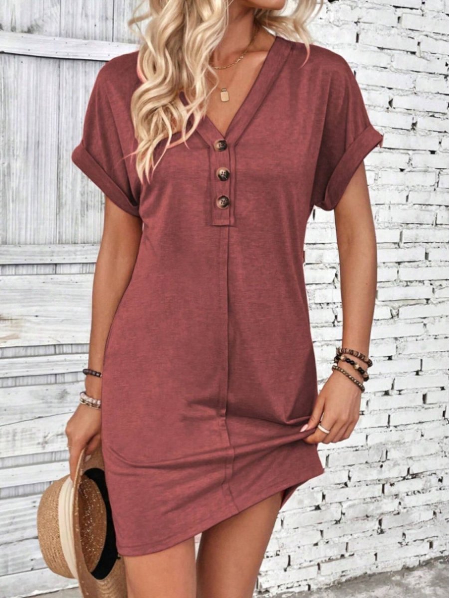 Women's quarter-button V-neck short sleeve dress with adjustable neckline, modern versatile style