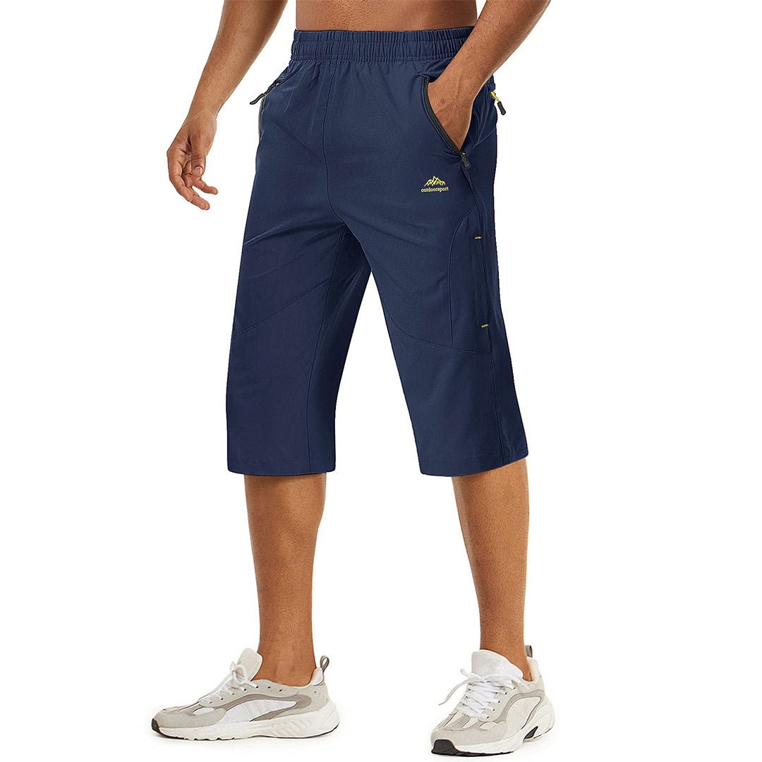 Men's gray capri shorts quick-dry below-knee cut with UV protection for running and training
