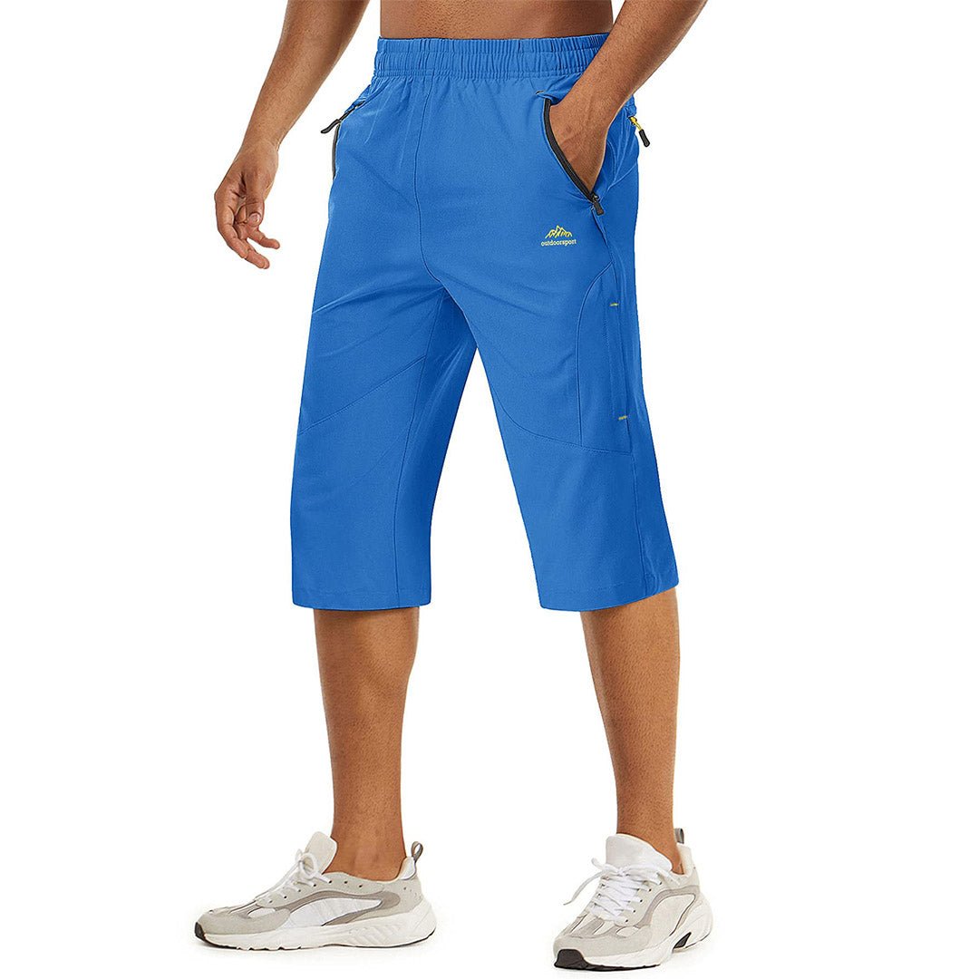 Men's gray capri shorts quick-dry below-knee cut with UV protection for running and training