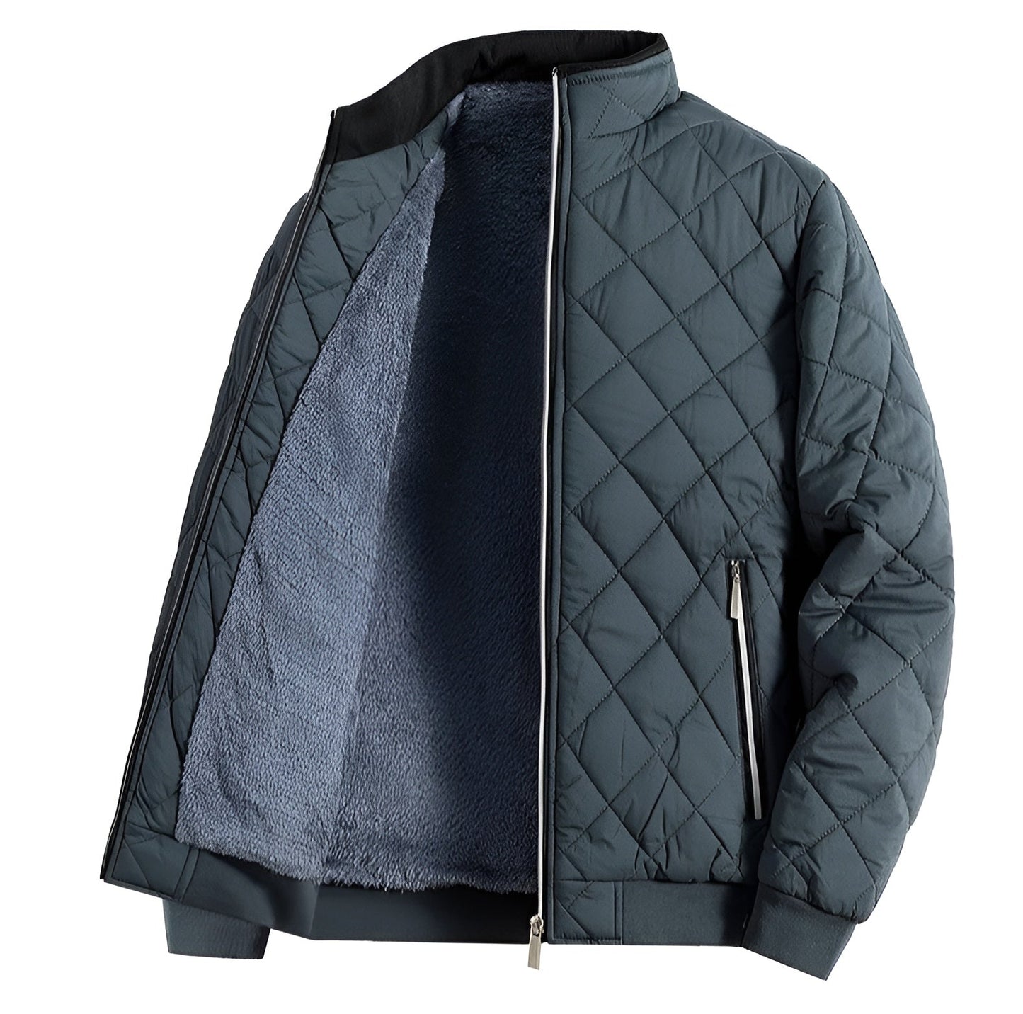Unisex quilted thermal jacket lightweight fleece-lined diamond pattern high stub collar tailored fit