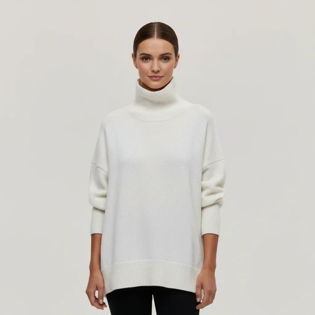 Women's oversized turtleneck sweater ribbed knit drop shoulders relaxed fit cozy layering