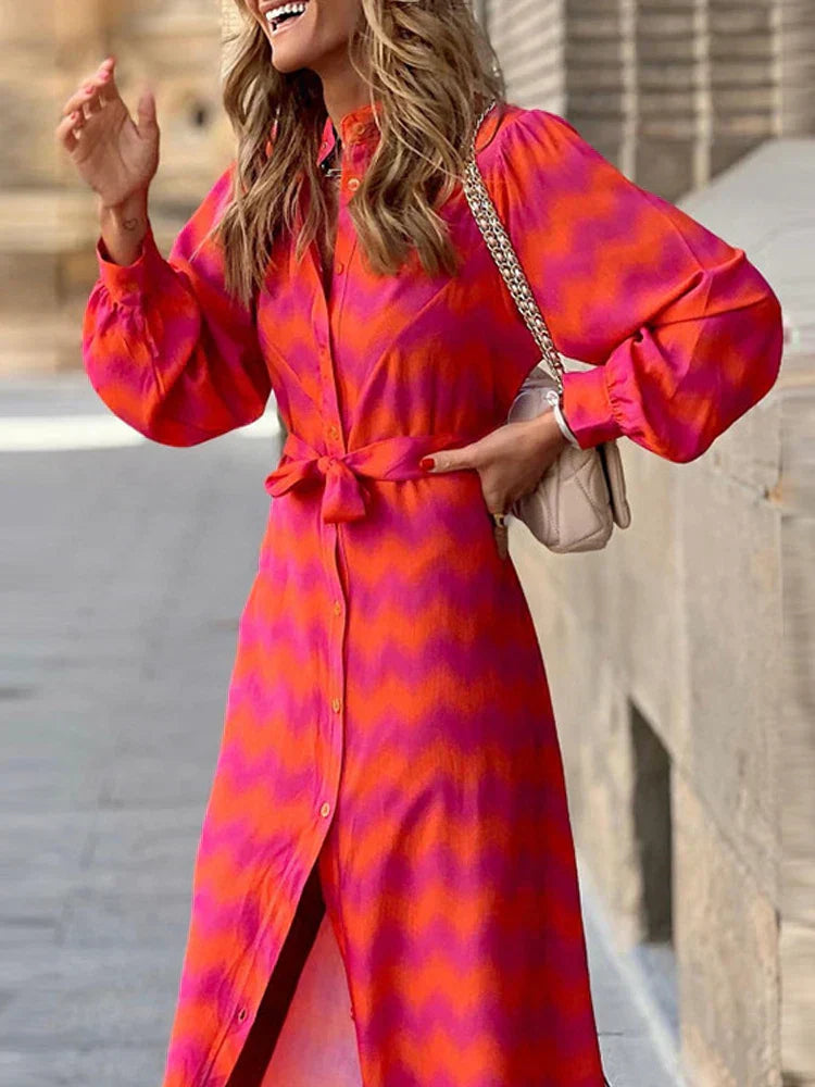 Women's long shirt dress symmetrical print V-neckline ruffle detail all-season elegant midi silhouette