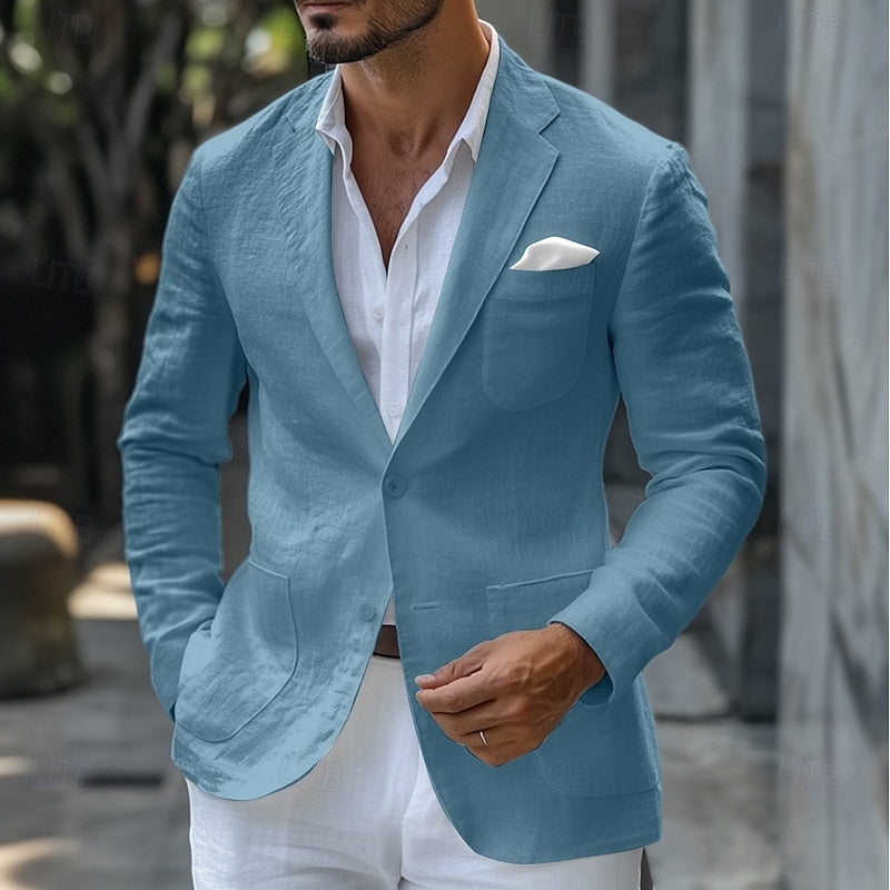 Men's slim fit lightweight linen blazer in neutral tone, breathable structured silhouette for weddings