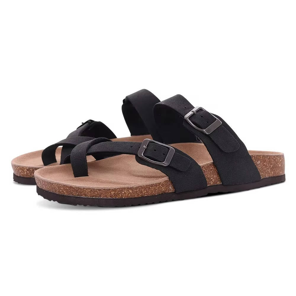 Cork footbed sandals with double buckle straps, neutral tones, unisex casual style with arch support