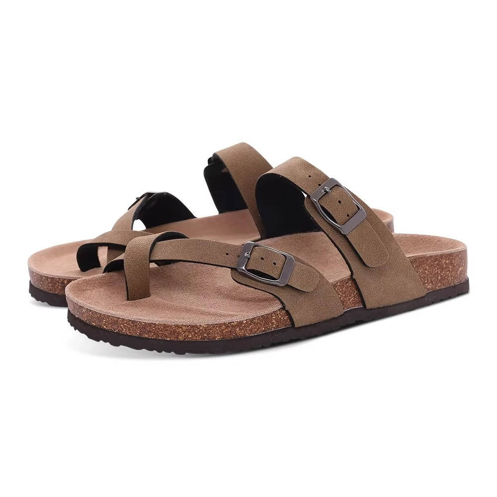 Neutral cork footbed sandals with double buckle straps, supportive arch design for men and women