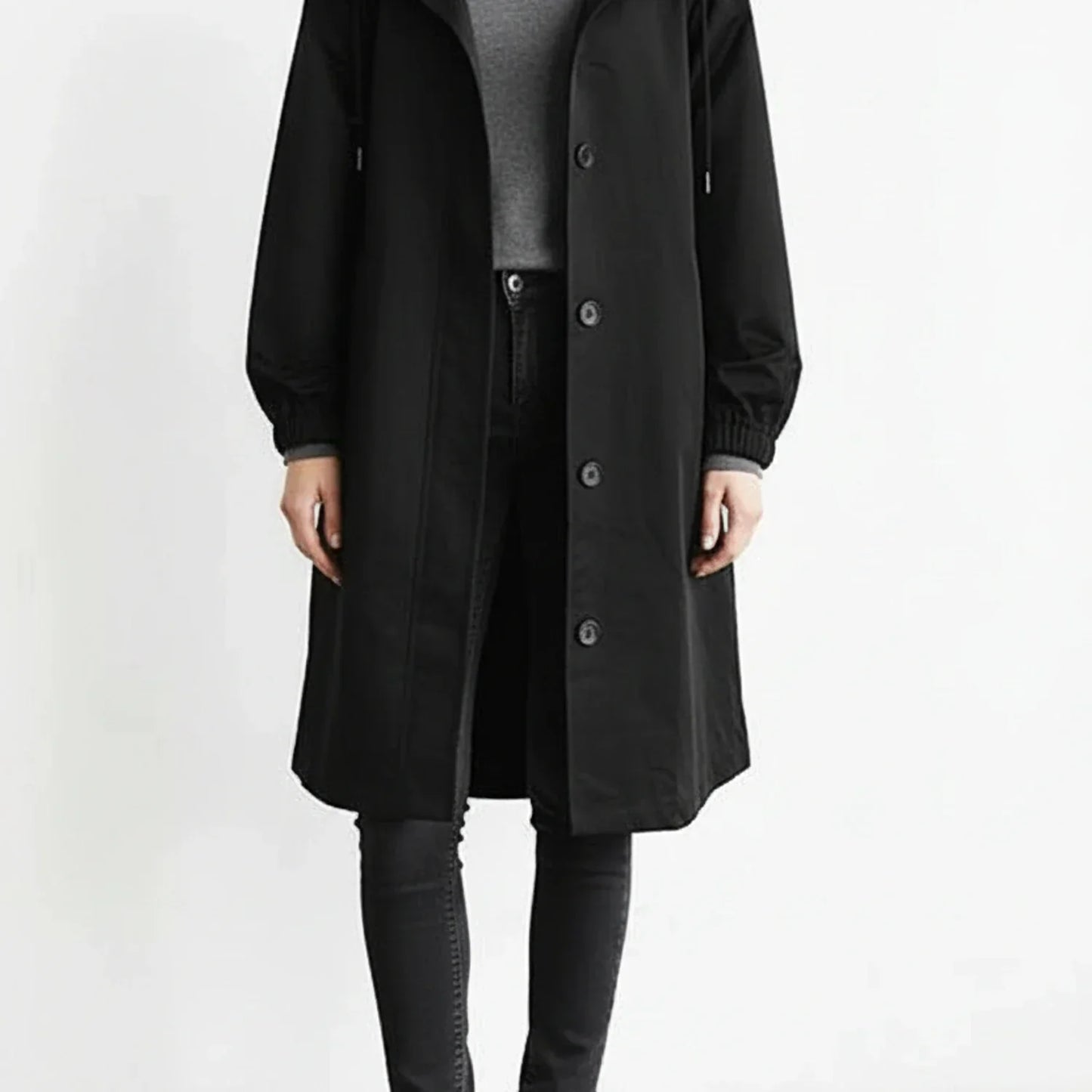 Women's hooded long coat A-line silhouette drawstring hood button front trench-inspired style