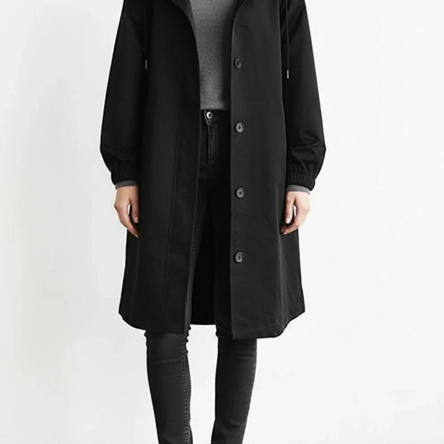 Women's hooded long coat A-line silhouette drawstring hood button front trench-inspired style
