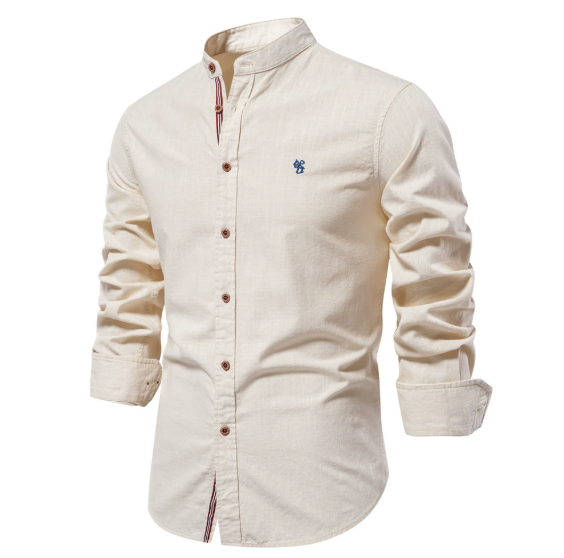 Men's slim fit stand-up collar shirt continuous button placket minimalist white design