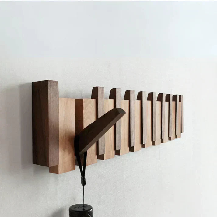 Wooden wall-mounted coat rack minimalist design natural wood grain warm tone entryway organizer