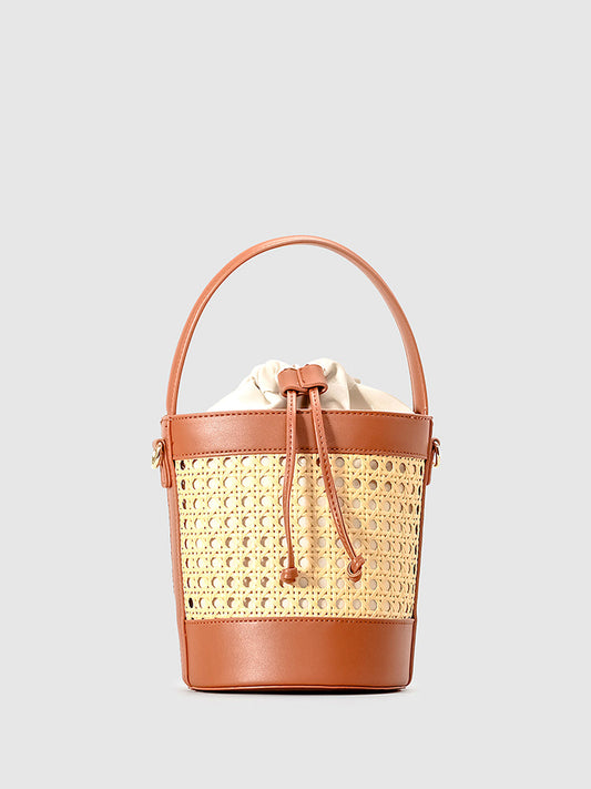 Rattan Accent Drawstring Bucket Bag - Urbann-Vibe