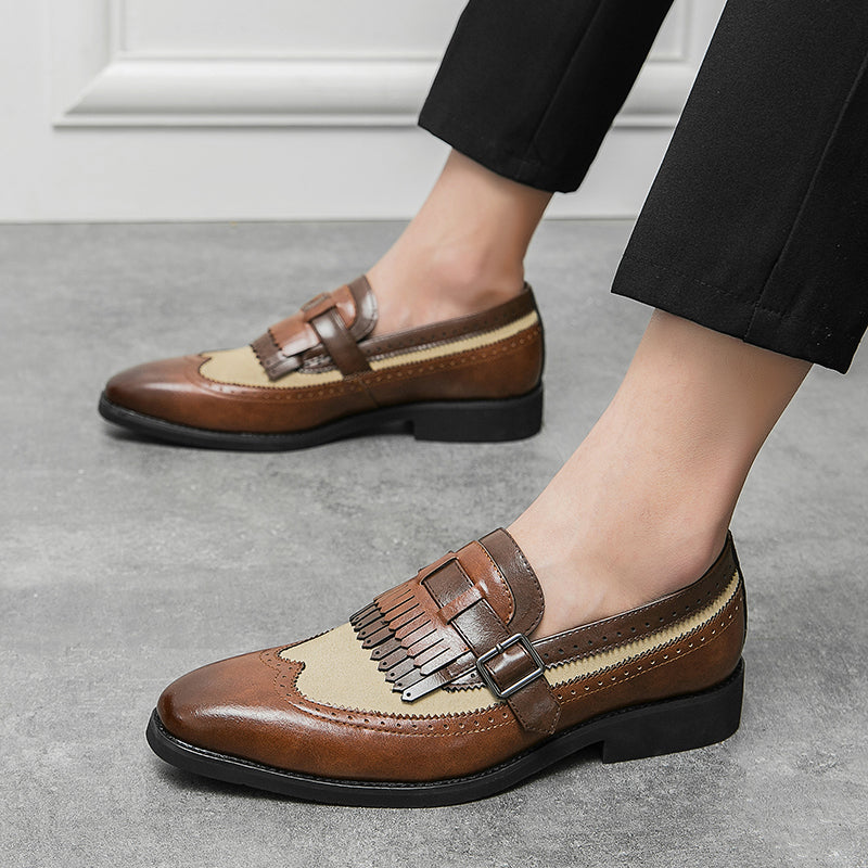 Men's premium leather slip-on brogue dress shoes with fringe tassel detail and cushioned insole