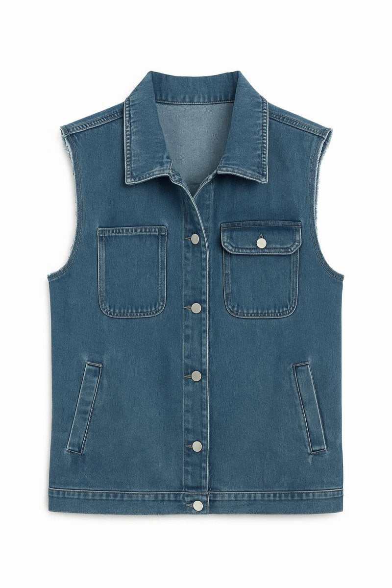 Sleeveless denim jacket raw hem button-up streetwear vest in classic blue edgy festival style