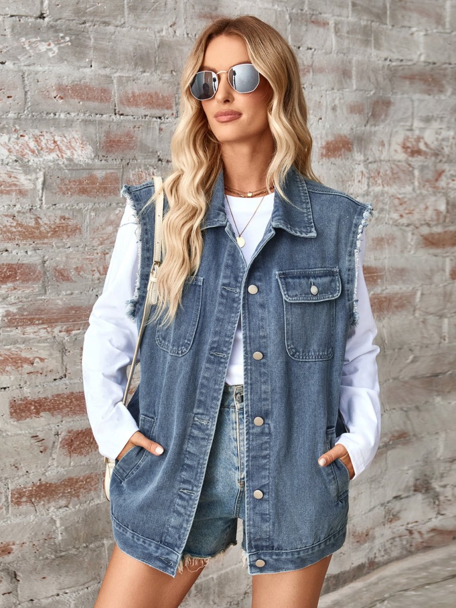 Sleeveless denim jacket raw hem button-up streetwear vest bold edgy blue distressed style