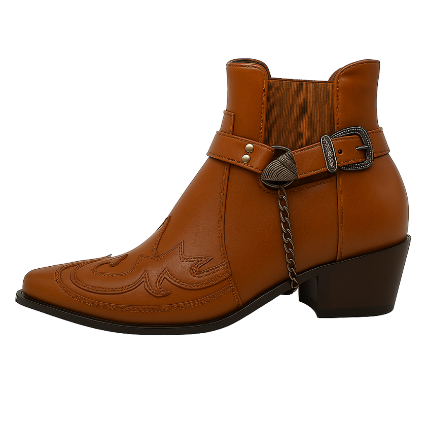 Men's brown winter Western boots with pointed toe, angled heel, buckle detail, and decorative stitching