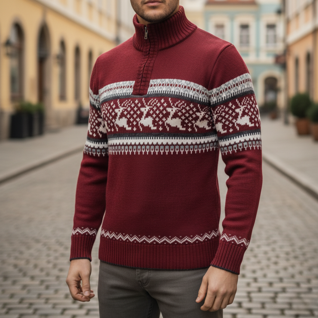 Men's beige Christmas zip-up knit sweater with reindeer pattern, cozy holiday style
