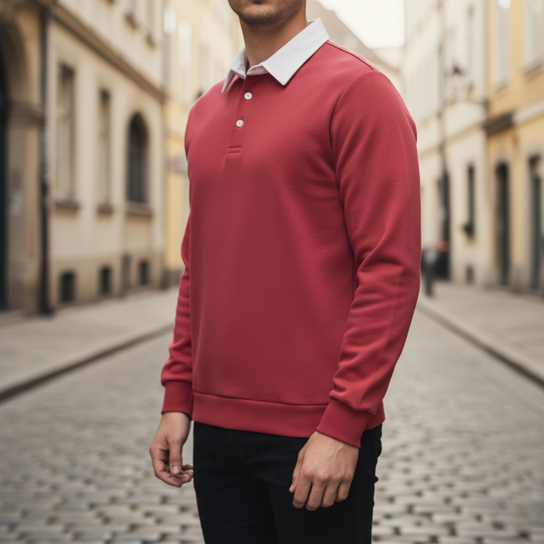Men's navy blue polo sweatshirt soft fabric classic collar casual everyday versatile style