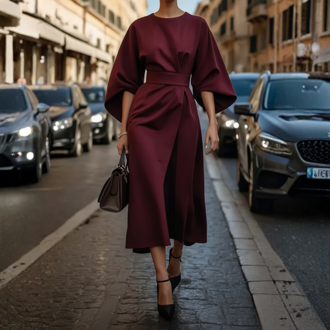 Women's balloon sleeve belted dress in elegant silhouette, versatile everyday style with waist-defining detail