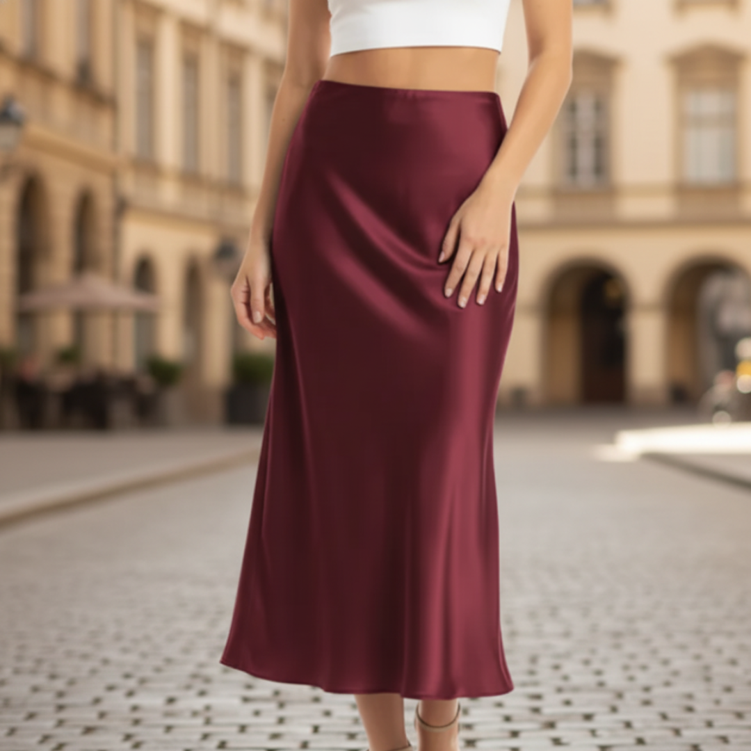 Women's satin maxi skirt in fluid silhouette, available in black, blue, red & green, elegant full-length