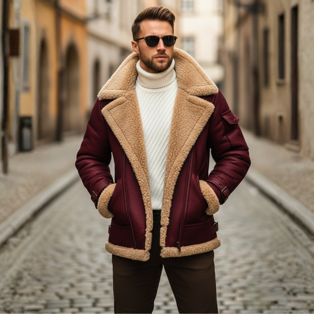 Men's waterproof faux fur trim jacket with thermal padding and plush fleece lining for winter warmth