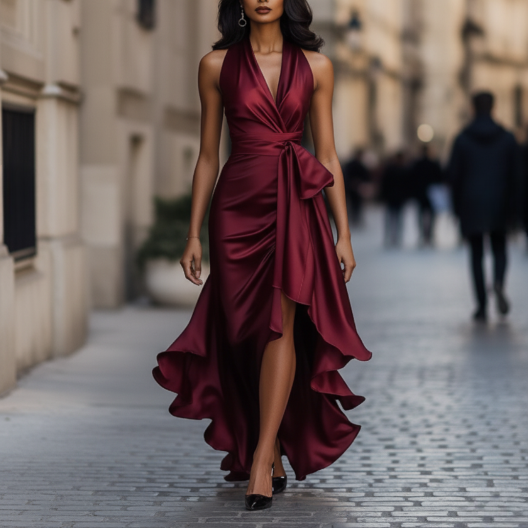 Women's belted elegant dress in soft shiny polyester with figure-flattering silhouette for formal occasions
