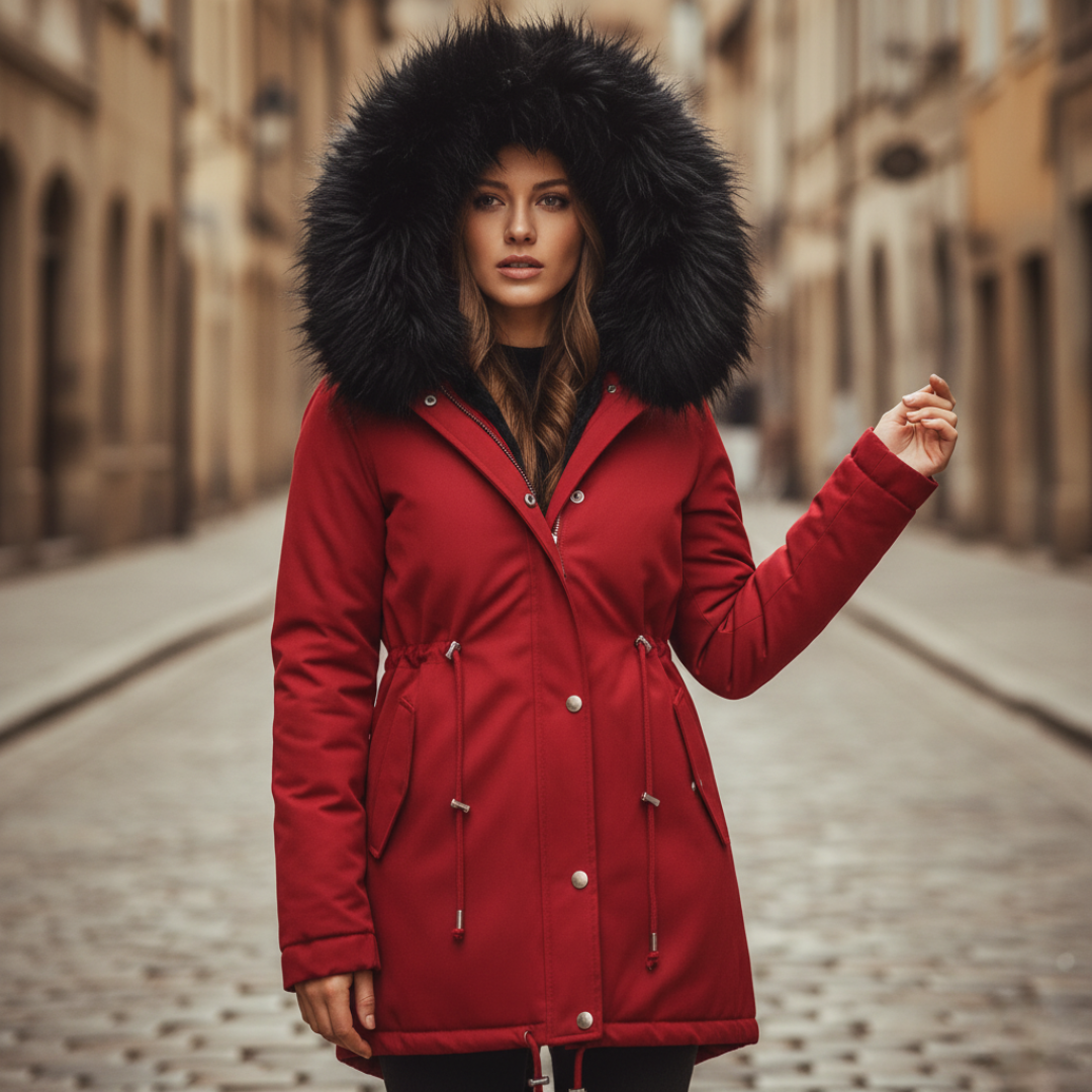 Women's winter parka hooded coat with faux fur trim, warm synthetic insulation, cold weather jacket