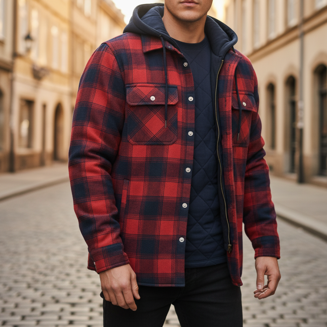 Men's checkered flannel hooded zip jacket with front pockets, soft warm casual everyday fit