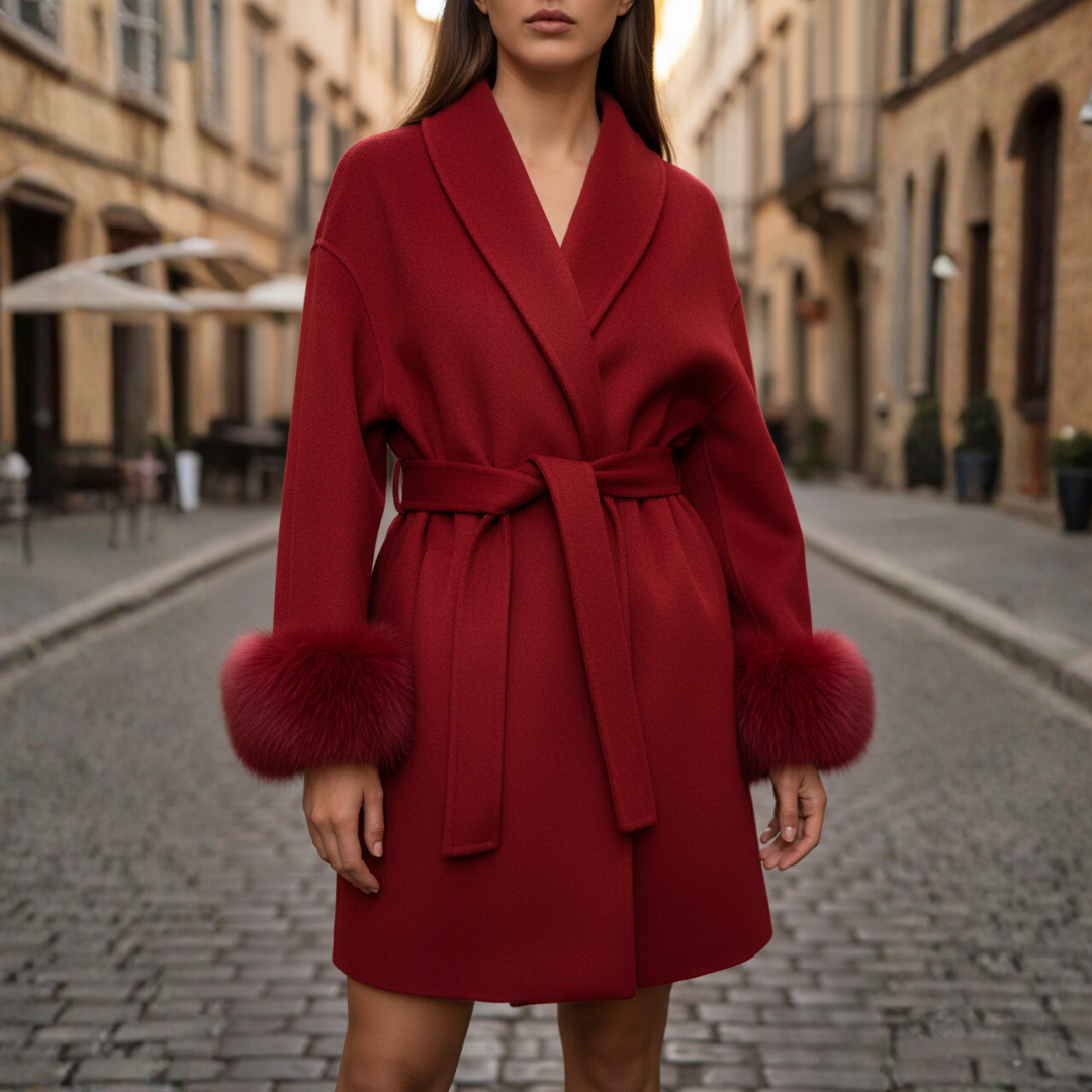 Women's short faux fur belted coat elegant winter wear available in multiple colors