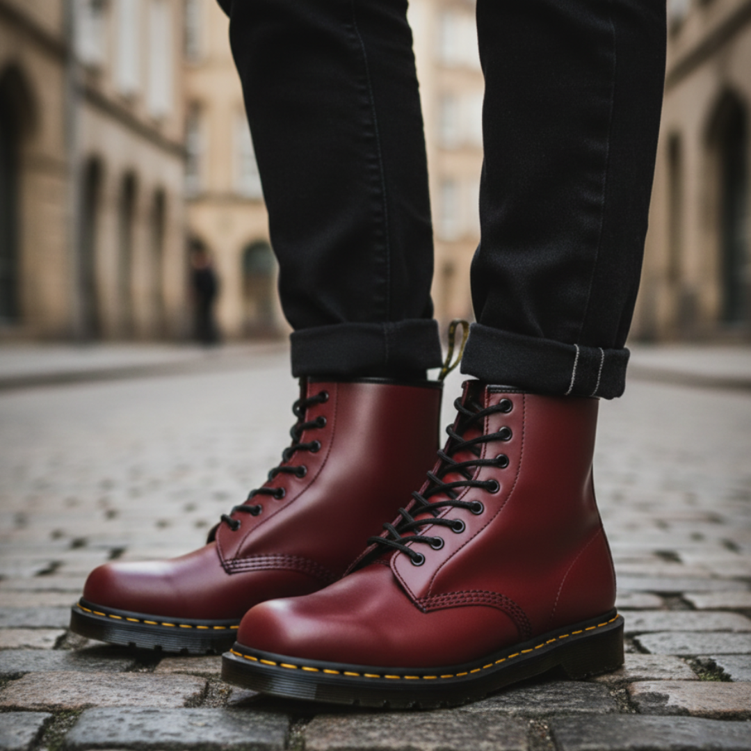 Men's synthetic leather boots in black brown green rugged urban style with breathable inner lining