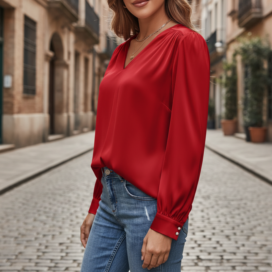 Women's satin long sleeve V-neck blouse, silky lightweight fabric with elegant front closure