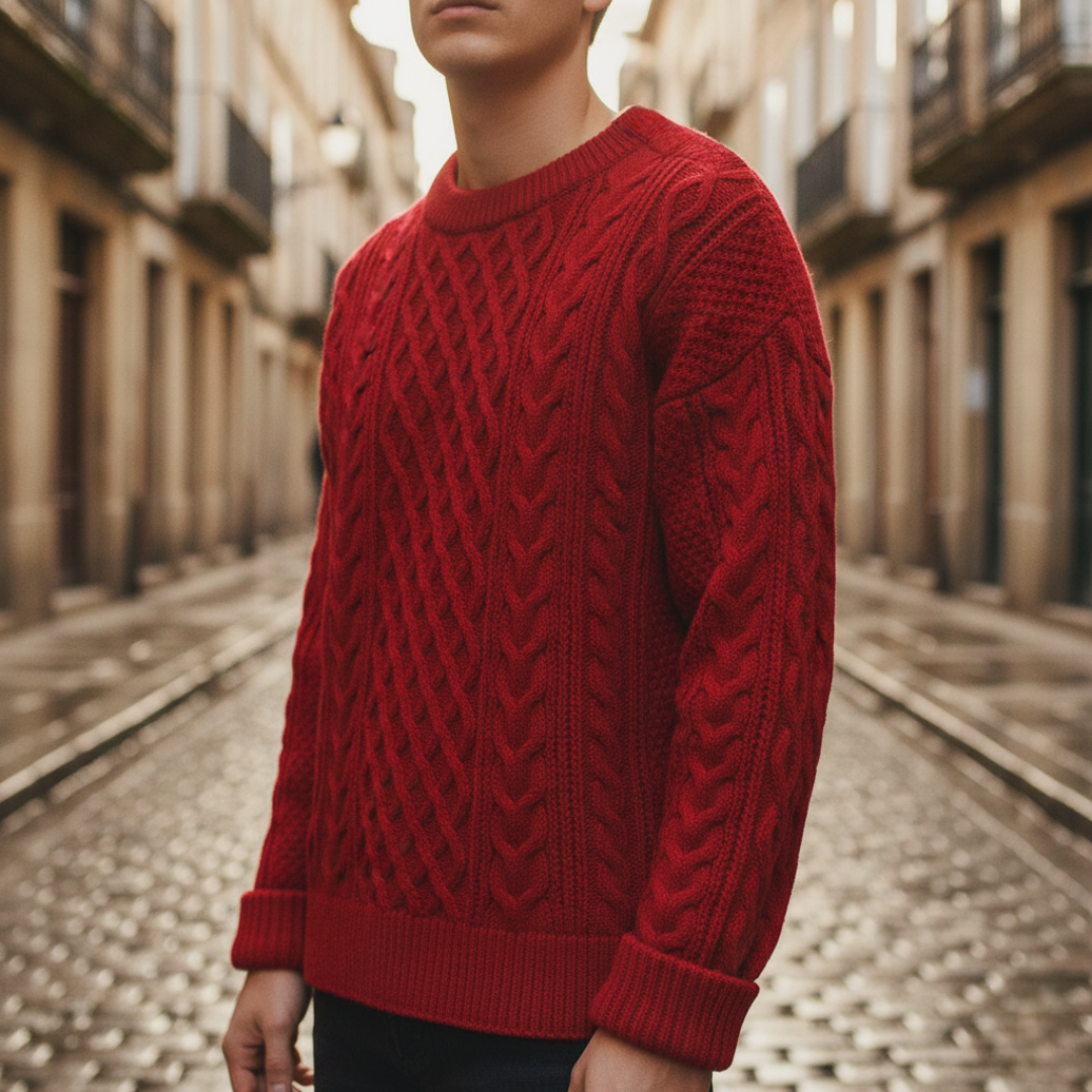 Men's cable knit crew neck sweater in soft yarn, classic pattern for everyday and office cold weather wear