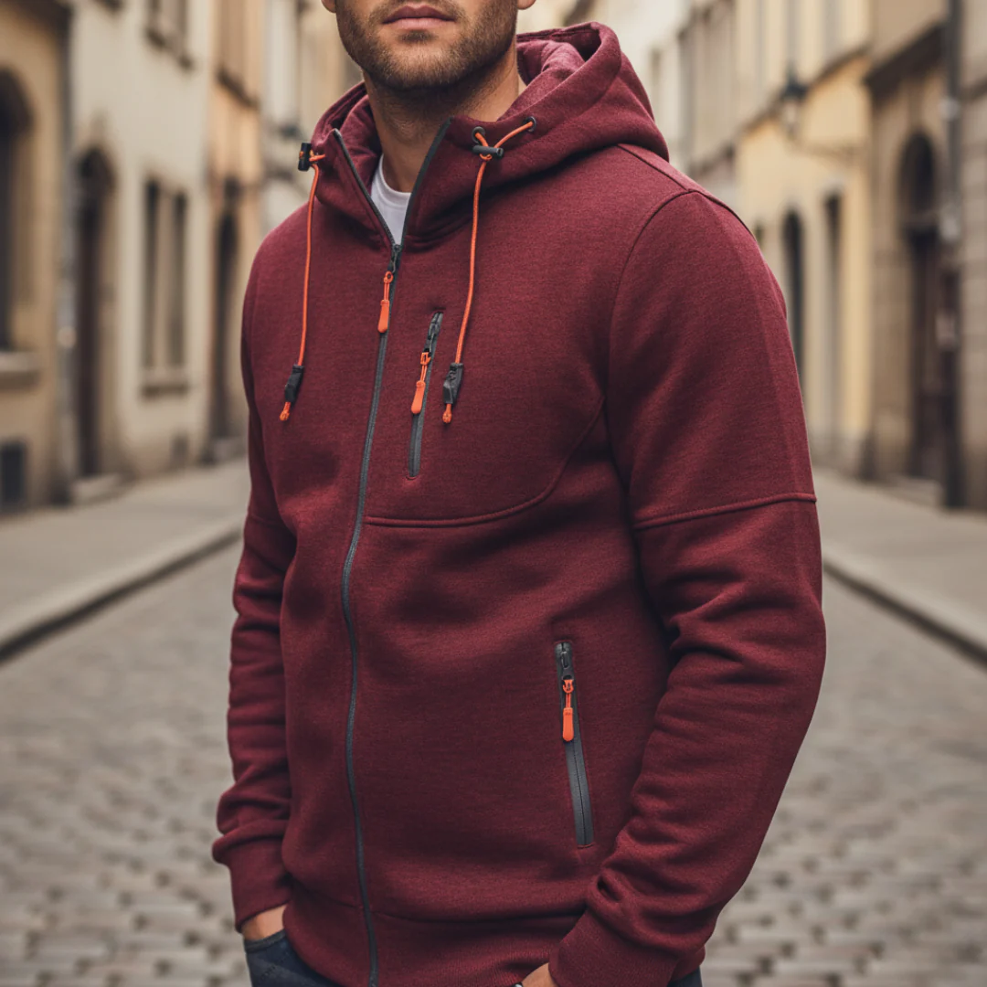 Men's hooded zip jacket in black green or gray with zippered pockets for casual outdoor wear