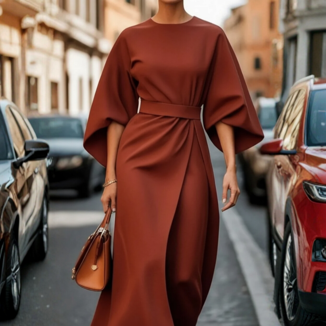 Women's balloon sleeve belted dress in elegant versatile cut, available in beige, black, red & navy