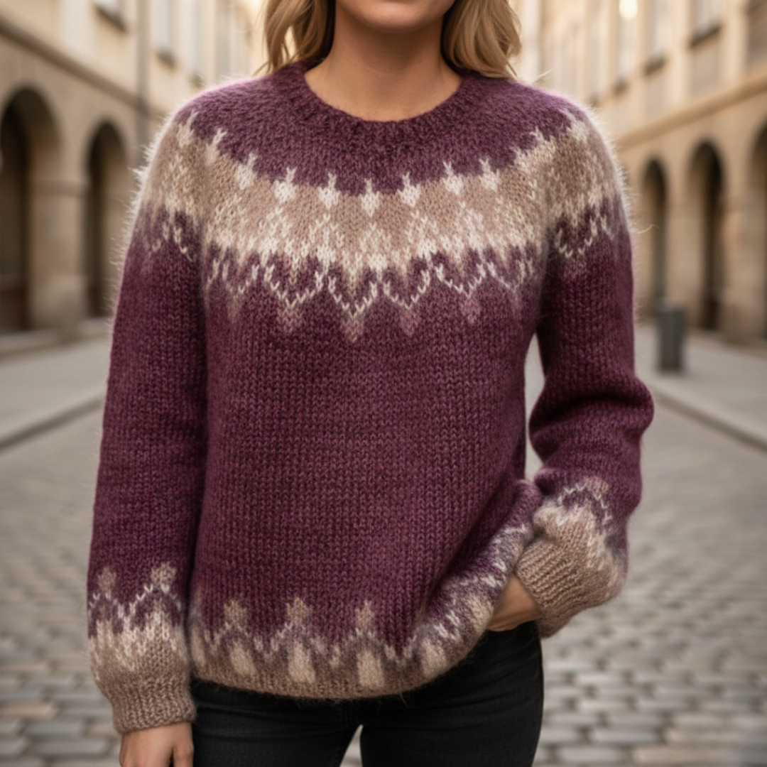 Women's Fair Isle jacquard sweater blue white Nordic knit cozy polyester pullover for winter