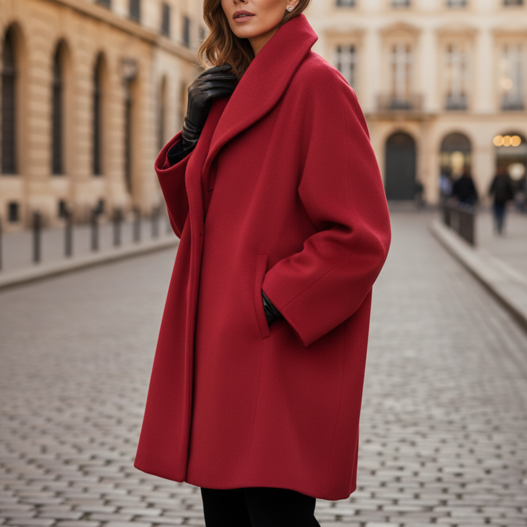 Long women's elegant winter coat, belt-free classic cut with button closure, loose flattering silhouette