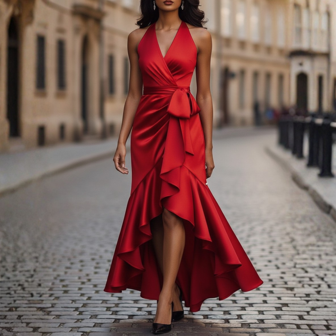 Women's belted elegant dress in soft shiny polyester with figure-flattering silhouette for formal occasions